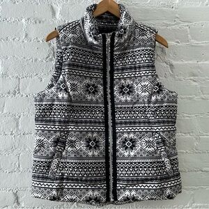 Lands’ End Down Filled Puffer Vest Black White Print Full Zip Funnel Neck Size M